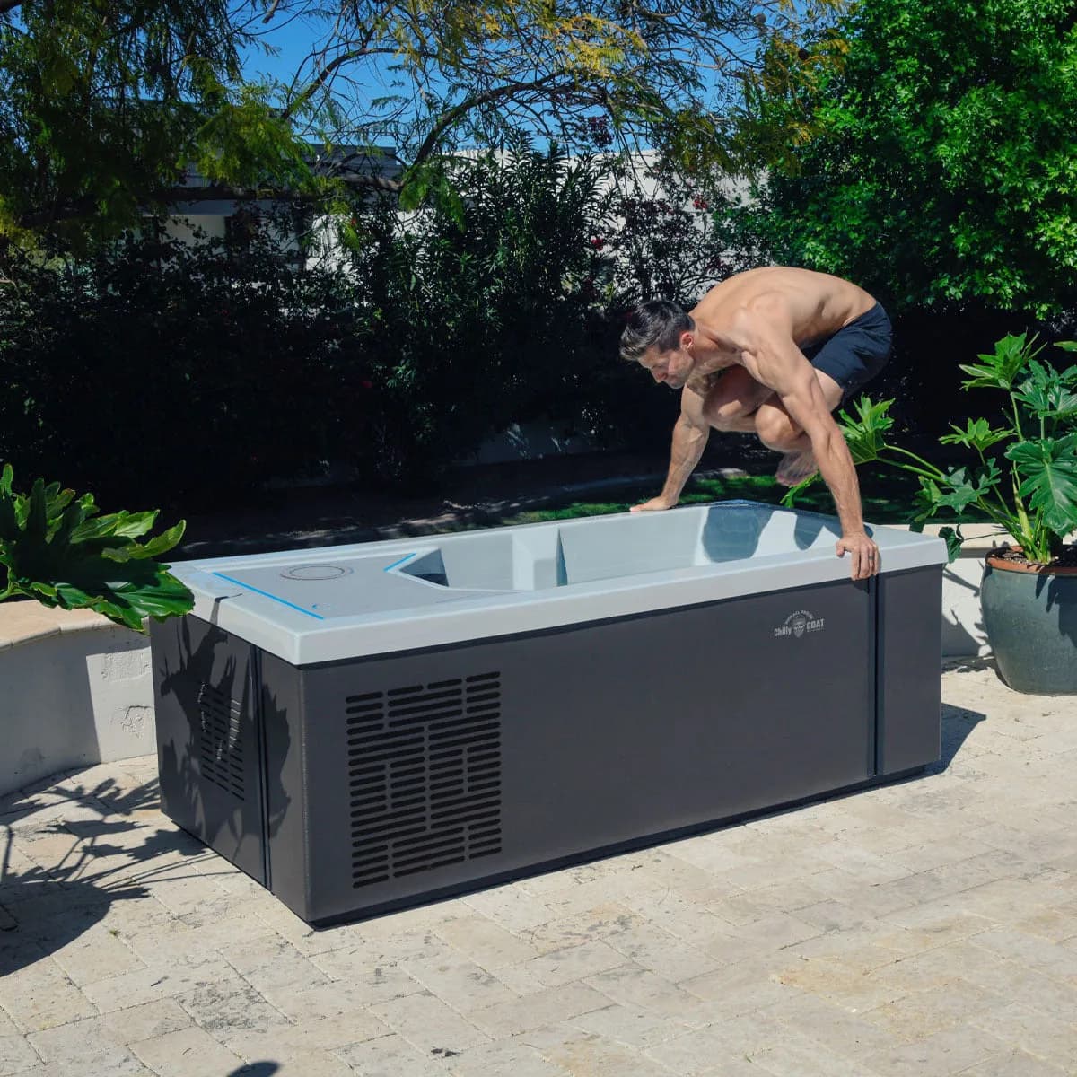 Chilly GOAT tub and integrated chiller outdoors
