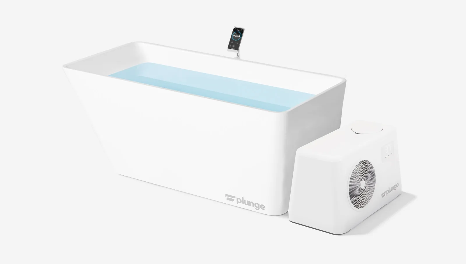 The Plunge original acrylic cold plunge tub connected to the external Pro Chiller Gen 2