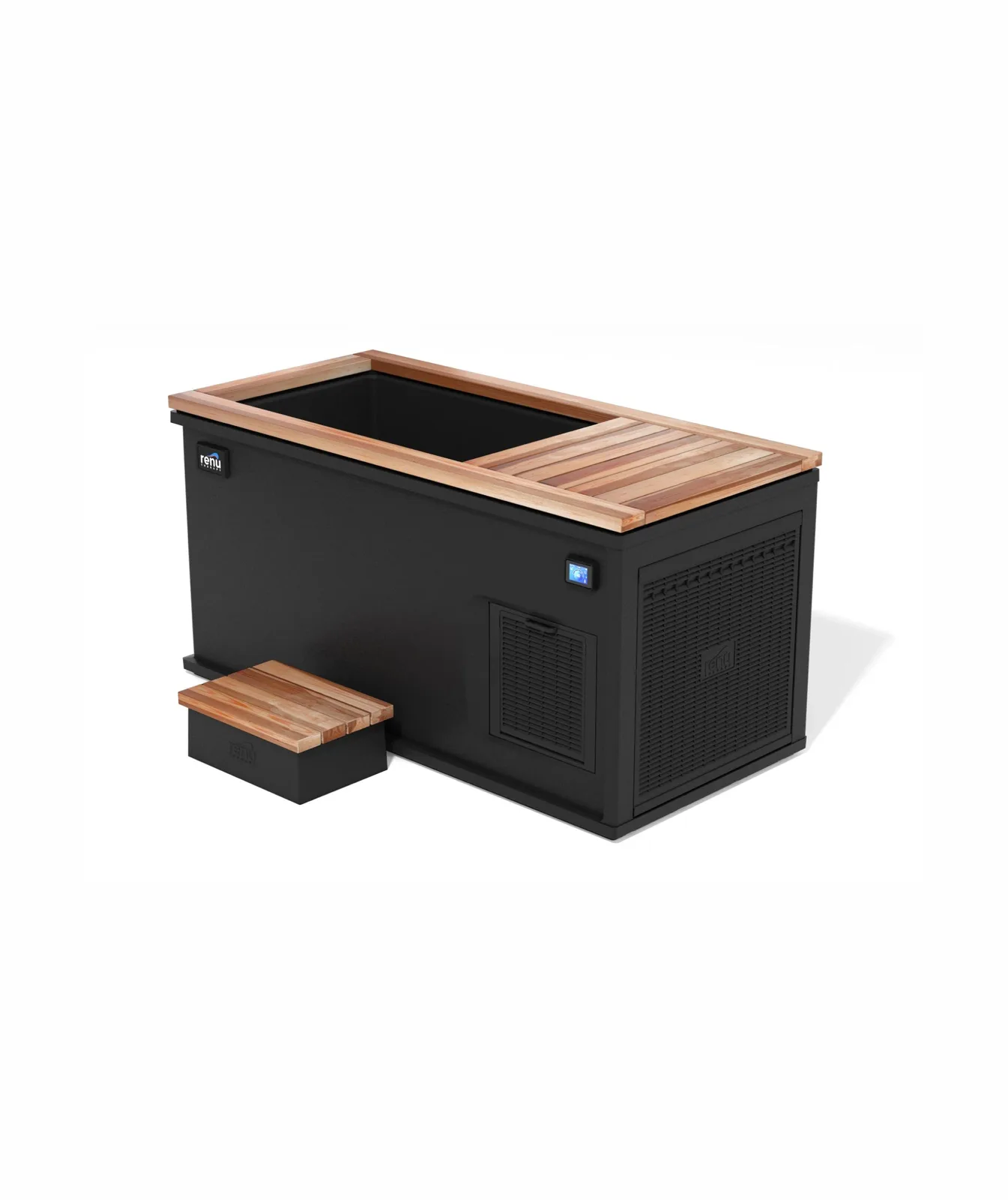 Renu Therapy Cold Stoic 3.0 cold plunge in Meterous Black with California Redwood deck