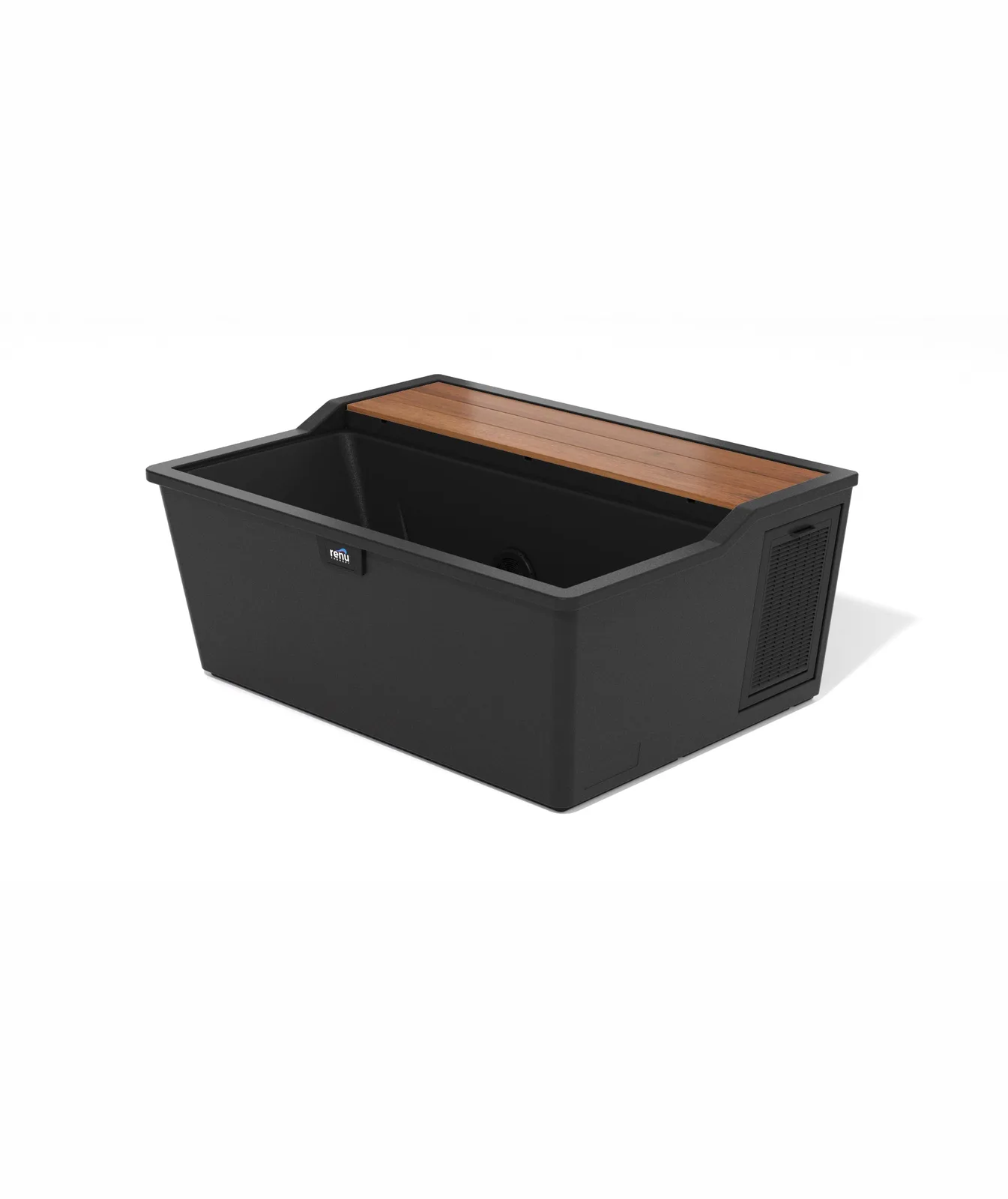 Renu Therapy Aurelius laydown cold plunge in Meterous Black with Antique Mahogany composite deck