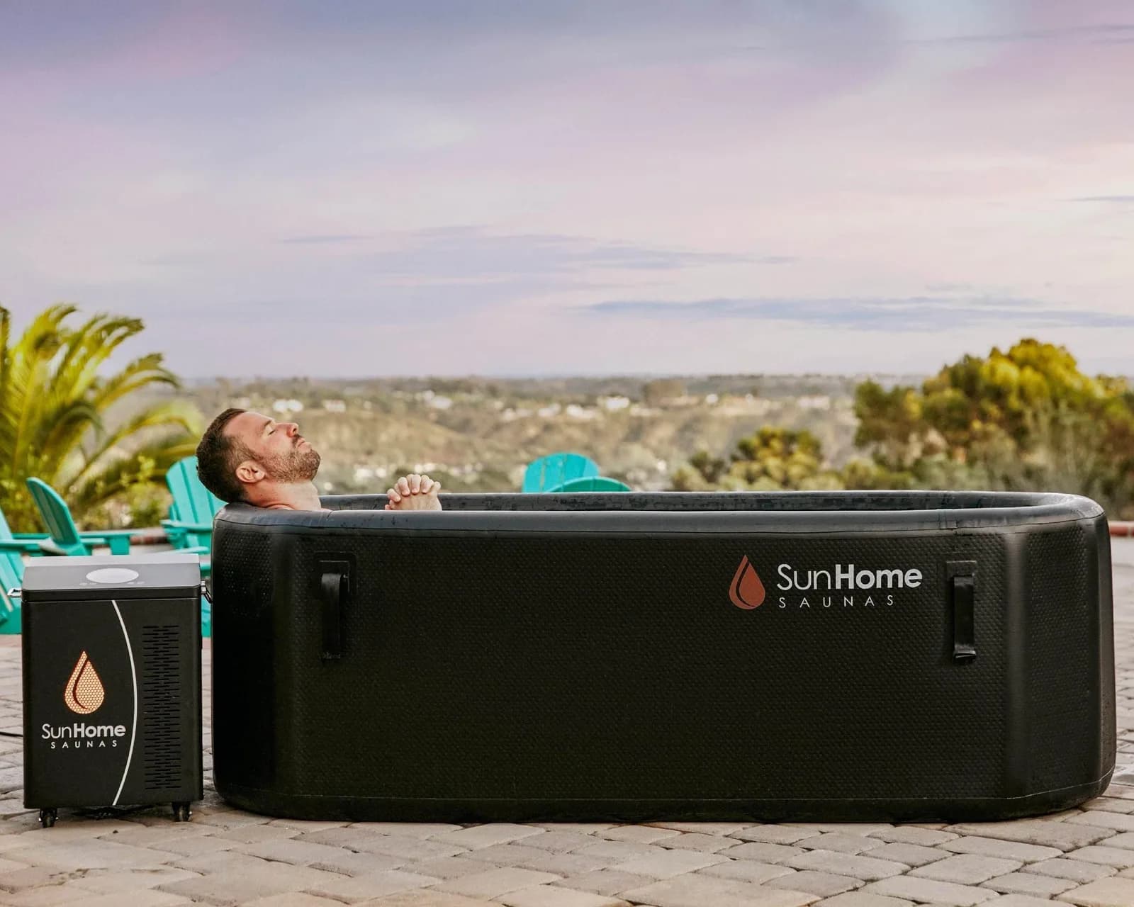 Sun Home Cold Plunge Horizontal inflatable tub with chiller in a backyard