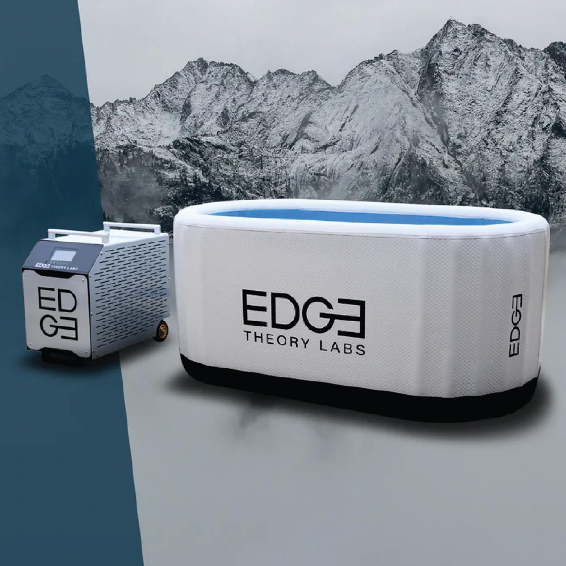 Edge Theory Labs portable cold plunge tub and chiller in the brand's original campaign imagery